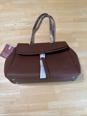 VELOCIO Brown Pebbled Tote with Flap and Tassel